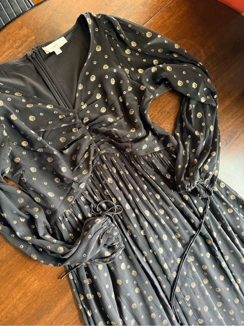 LOFT Black Dress with Gold Metallic Dot Print